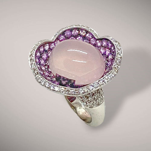 Anello in oro kt18 con diamanti taglio brillante ct 2,12, quarzo rosa e zaffiri ct3,40