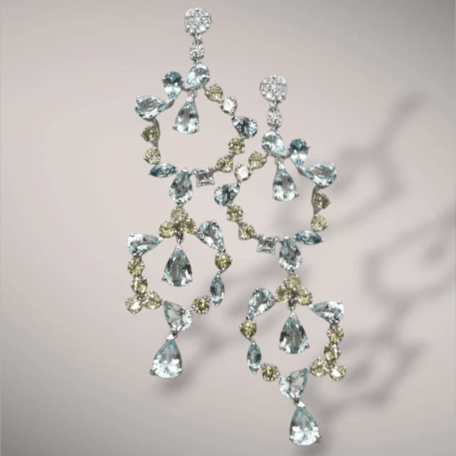 Orecchini con diamanti ct0,40 acquamarine ct4,80 e peridoto ct1,20